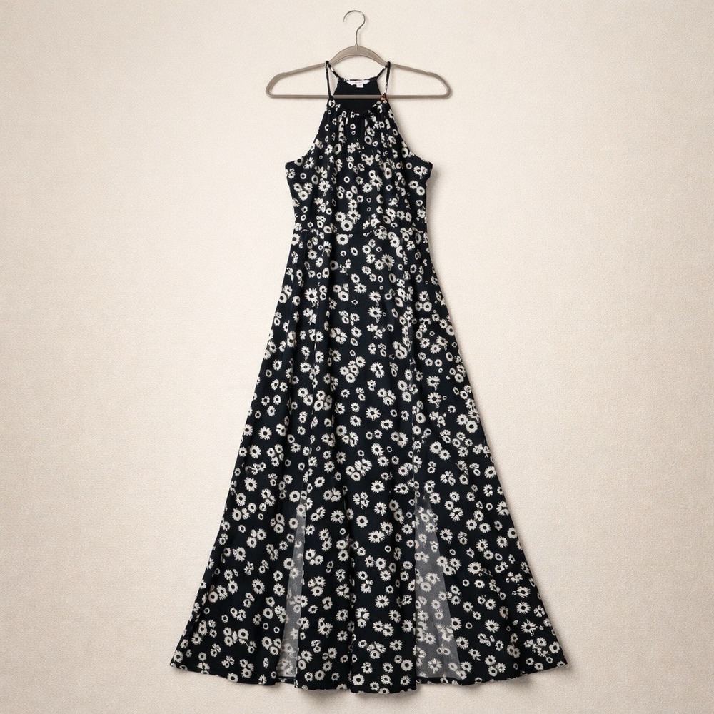 Candies Black Floral Halter Maxi‎ Dress Daisy Double Front Slit Small Summer